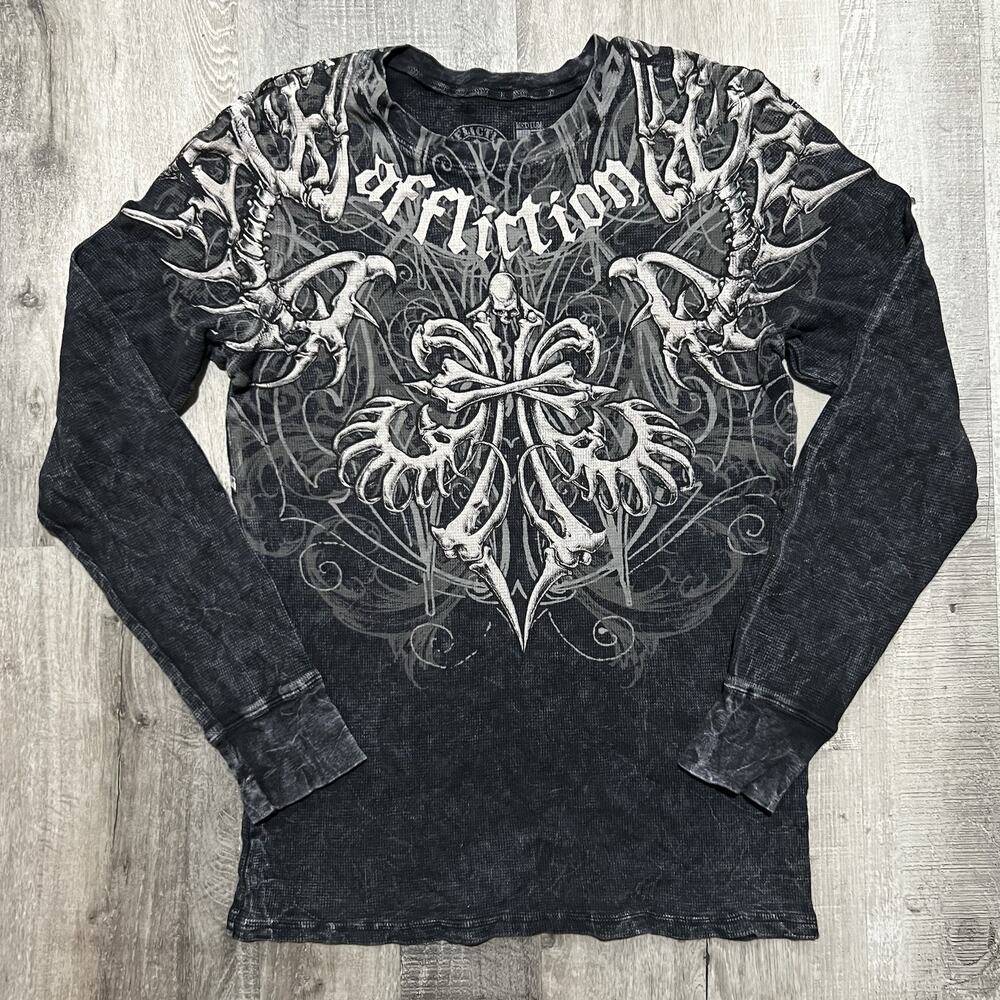 Affliction Thermal Long Sleeve Skeletal Bones Y2K Shirt Men's Grey Cross Logo M